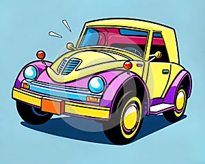 Cartoon happy fun retro car jalopy art drawing sketch