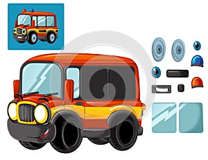 Cartoon happy and funny cartoon fire fireman bus looking and smiling - isolated scene with exercise / cutting out and joining