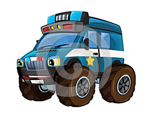 Cartoon happy and funny off road police car looking like monster truck smiling vehicle