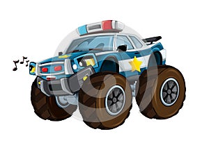 Cartoon happy and funny off road police car looking like monster truck - smiling vehicle