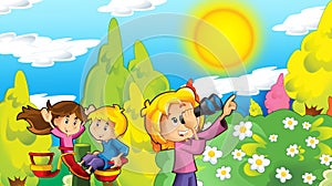 Cartoon happy and funny scene with kids in the park having fun