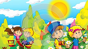 Cartoon happy and funny scene with kids in the park having fun