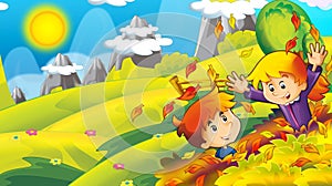 Cartoon happy and funny scene with kids in the park having fun and picnic - illustration