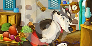 Cartoon happy and funny scene of old style kitchen and overeaten wolf - for different usage