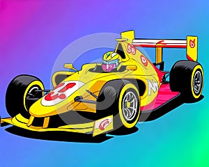 Cartoon happy futuristic modern car fast racing race speed track classic