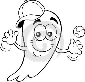 Cartoon happy ghost wearing a baseball cap while tossing a baseball.