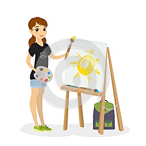 Cartoon happy girl with palette and brush.Caucasian female artist with easel