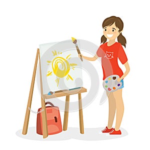 Cartoon happy girl with palette and brush.Caucasian female kid artist with easel