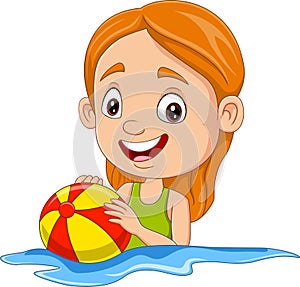 Cartoon happy girl playing beach ball