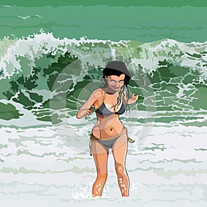 Cartoon happy girl runs out of the sea