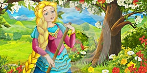 Cartoon happy girl under apple tree near the meadow