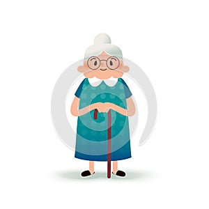Cartoon happy grandmother with a cane. Old woman with glasses. Flat illustration on white background. Funny granny.