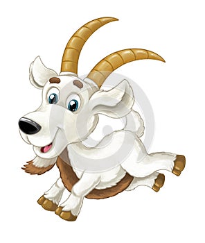 Cartoon happy horned goat is running jumping looking and smiling - artistic style - isolated