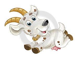 Cartoon happy horned goat is running jumping looking and smiling - artistic style - isolated