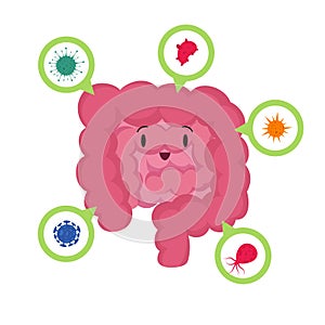 Cartoon happy human intestine with good microscopic bacterias medical probiotics vector concept