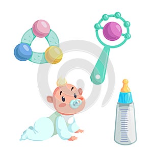 Cartoon happy infancy set. Baby boy with dummy crawl, feed bottle with milk and different rattles.