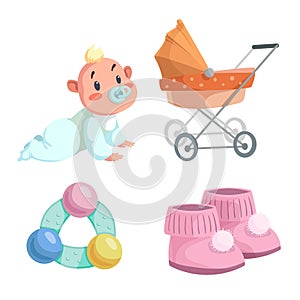 Cartoon happy infancy set. Baby boy with dummy crawl, orange bed pram, circle rattle with colorful balls and baby booties.