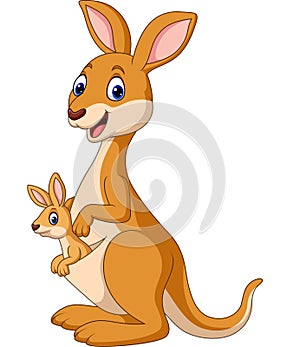 Cartoon happy kangaroos with baby Joey