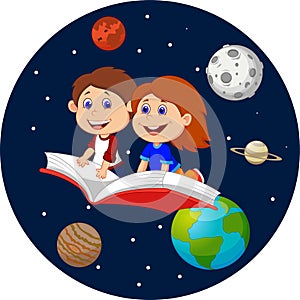 Cartoon happy kids flying on a book in outer space