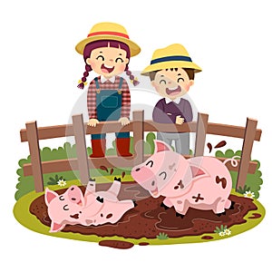 Cartoon of happy kids looking at pig and piglet playing in mud puddle