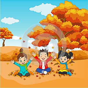 Cartoon Happy kids playing in autumn background