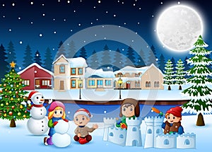 Cartoon happy kids playing and making a snow in wintertime