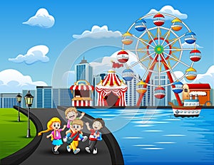 Cartoon of happy kids playing outdoors with amusement park background