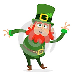 Cartoon happy leprechaun dancing in green hat with a clover isolated on whiite. photo