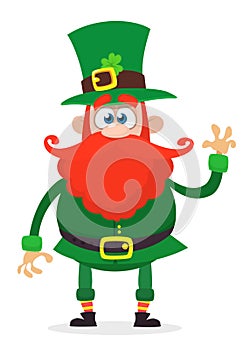 Cartoon happy leprechaun waving in green hat with a clover isolated on whiite photo