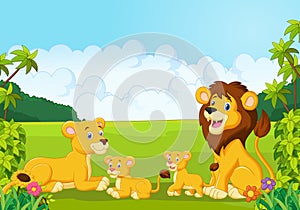 Cartoon happy lion family in the jungle