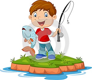 Cartoon happy little boy fishing