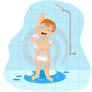 Cartoon happy little boy taking a bath