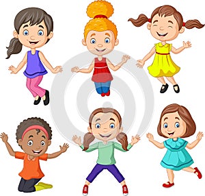 Cartoon happy little girls with different pose