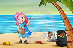 Cartoon happy litttle girl cleaning the beach