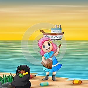 Cartoon happy litttle girl cleaning the beach