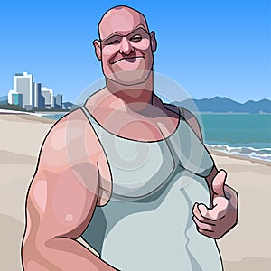 Cartoon happy male big guy shows an approving gesture thumb up