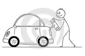 Cartoon of Happy Man Winding Up or Charging Electric Car by Toy Key