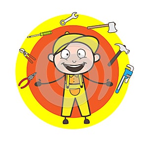 Cartoon Happy Mechanic Showing Meny Tools Options Vector photo