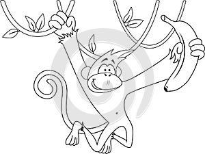 Cartoon happy monkey hanging and holding banana