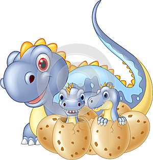 Cartoon happy Mother and baby dinosaur hatching