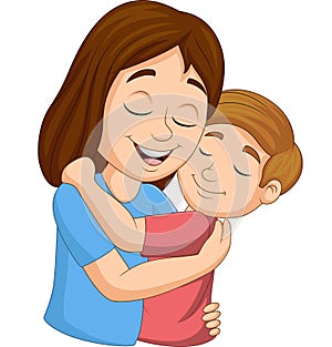 Cartoon happy mother hugging her son