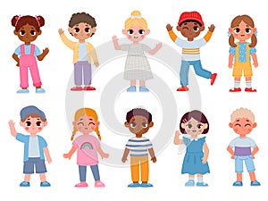 Cartoon happy multicultural children waving hello and smiling. Kindergarten kid characters with greeting gesture. Boys