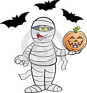 Cartoon happy mummy holding a pumpkin surrounded by bats.