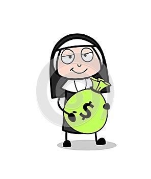 Cartoon Happy Nun with Currency Bundle Vector