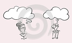 Cartoon happy old man and thoughtful elderly woman with thought bubble
