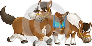 Cartoon happy pair of horses is running jumping smiling and looking - artistic style - isolated - illustration for children
