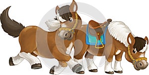 Cartoon happy pair of horses is running jumping smiling and looking - artistic style - isolated - illustration for children