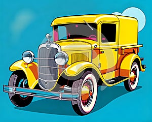 Cartoon happy panel wagon vintage car covered pickup yellow classic