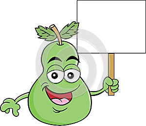 Cartoon happy pear holding a sign.