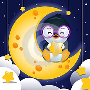 Cartoon Happy Penguin Sitting On The Moon And Holding Star
